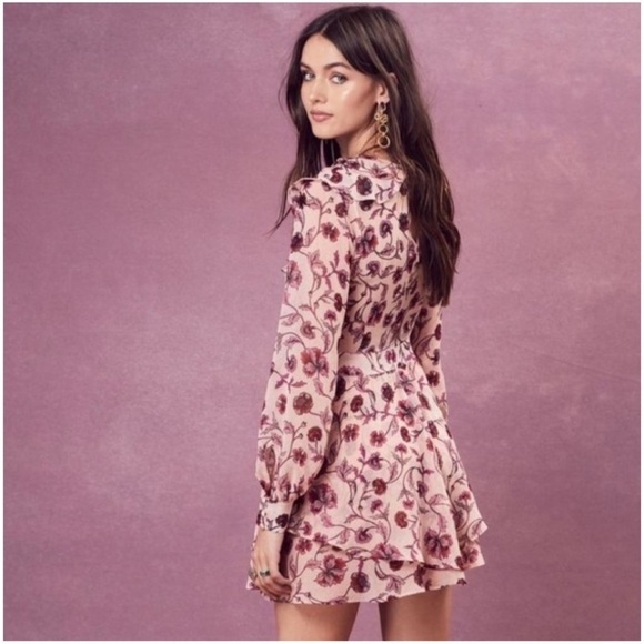 NWT For Love & Lemons Agnes Floral Plunge Mini Dress in Soft Rose XS - Picture 3 of 15